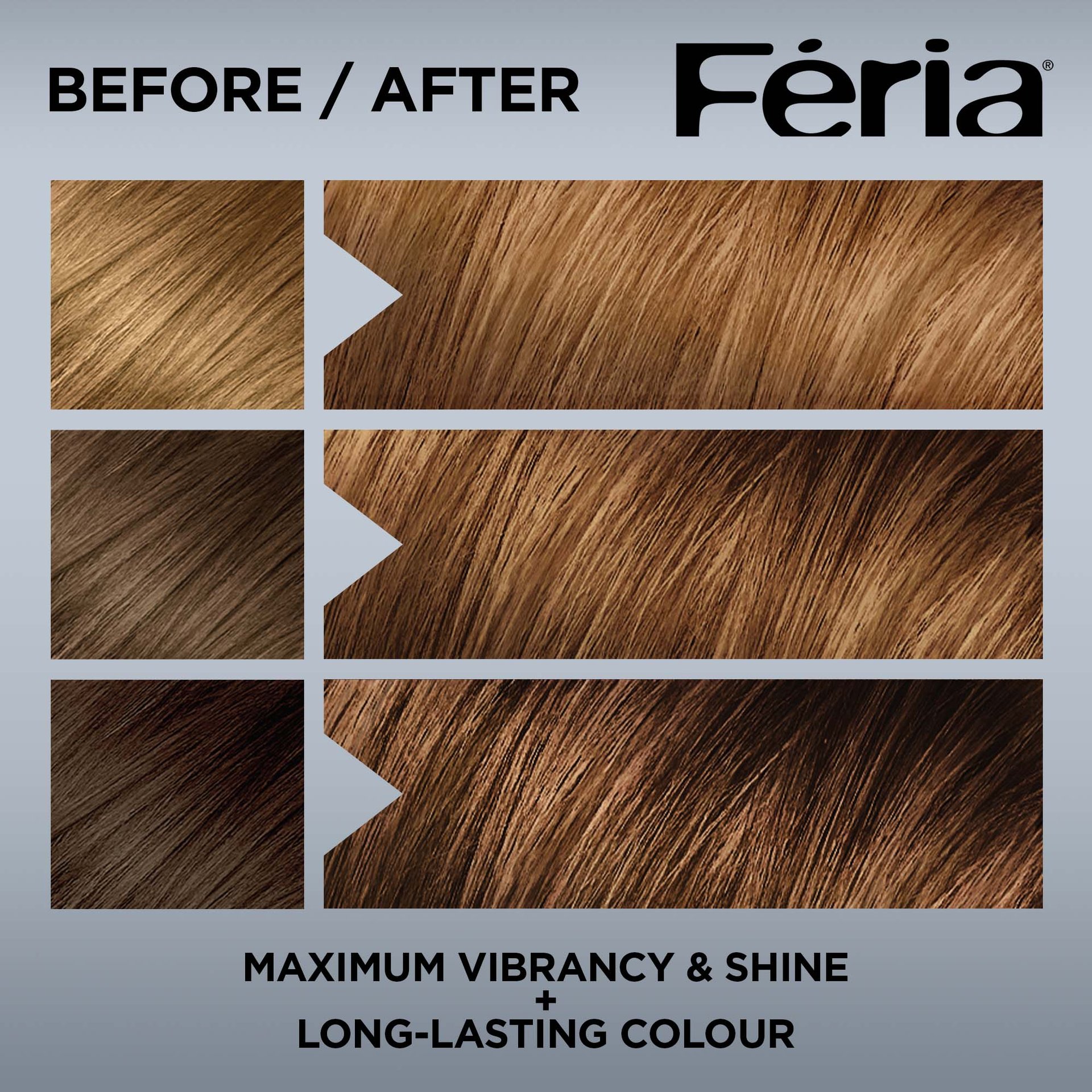 Hair before and after using Feria59 Rich Golden Brown